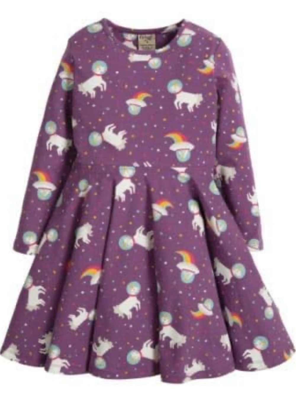 Frugi Purple Unicorn & Rainbow Space Long-Sleeve Dress Sz 6–7
